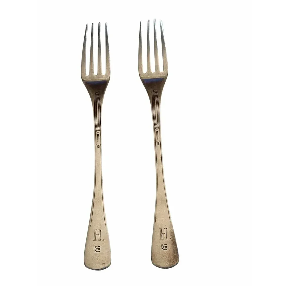 2 Antique Christofle silver plate Heirloom Dinner Forks H Mono signed rare 7.75”